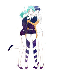 Rule 34 | 3others, :d, ^ ^, androgynous, aqua eyes, aqua hair, belt, blue hair, blunt bangs, closed eyes, commentary, crystal hair, english commentary, full body, gem uniform (houseki no kuni), gold, golden arms, high heels, houseki no kuni, hug, leg up, multiple others, multiple persona, mydeerwitch, necktie, open mouth, pale skin, phosphophyllite, phosphophyllite (ll), sandwiched, see-through, see-through sleeves, shirt, shoes, short hair, short shorts, short sleeves, shorts, simple background, smile, sparkle, spoilers, sweatdrop, time paradox, white background, white eyes