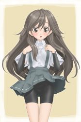 Rule 34 | 10s, 1girl, arashio (kancolle), breasts, brown eyes, brown hair, highres, kantai collection, long hair, open mouth, pleated skirt, school uniform, simple background, skirt, smile, solo, suspenders, t2r