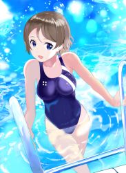 Rule 34 | 10s, 1girl, blue eyes, blue one-piece swimsuit, brown hair, competition swimsuit, cowboy shot, hinomoto souya, looking at viewer, love live!, love live! sunshine!!, one-piece swimsuit, partially submerged, pool ladder, short hair, solo, swimsuit, thighs, wading, watanabe you, water