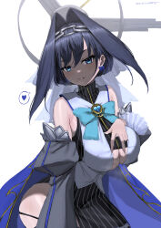 Rule 34 | 1girl, absurdres, armpit crease, black skirt, black sleeves, blue bow, blue eyes, blue hair, bow, bow earrings, breasts, chain, chain headband, cleavage, cleavage cutout, clothing cutout, detached sleeves, earrings, halo, head chain, heart, highres, hololive, hololive english, jewelry, large breasts, looking at viewer, midnight (midnightstream3), ouro kronii, ouro kronii (1st costume), short hair, skirt, smile, spoken heart, spread cleavage, virtual youtuber