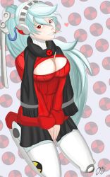 Rule 34 | 1girl, android, atlus, blue hair, breasts, food, highres, labrys (persona), long hair, megami tensei, meme attire, open-chest sweater, persona, persona 4, persona 4: the ultimate in mayonaka arena, pocky, ponytail, red eyes, scarf, shin megami tensei, skirt, sweater