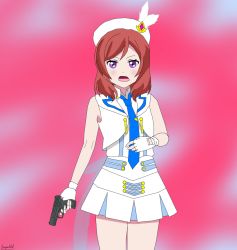 Rule 34 | 1girl, aqua bow, artist name, artist request, back bow, bare legs, bare shoulders, beret, blue necktie, blush, bow, breasts, collared shirt, earrings, feather beret, feathers, female focus, fingerless gloves, gloves, gun, hair between eyes, hat, hat feather, holding, holding gun, holding weapon, jewelry, looking at viewer, love live!, love live! school idol project, necktie, nishikino maki, parted lips, purple eyes, red hair, sailor collar, shirt, short hair, skirt, sleeveless, small breasts, smile, solo, tie clip, weapon, white feathers, white gloves, white hat, white sailor collar, white shirt, white skirt, wing collar, wonderful rush