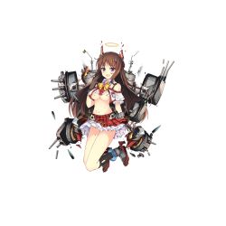 Rule 34 | 1girl, anchor hair ornament, anklet, black socks, bow, breasts, broken, brown gloves, brown hair, caio duilio (warship girls r), cannon, chain, cleavage, crop top, cropped jacket, damaged, explosion, frilled skirt, frills, full body, gloves, grey footwear, hair ornament, halo, horns, italian flag, jacket, jewelry, jianren, long hair, looking at viewer, machinery, midriff, navel, official art, open mouth, plaid, plaid skirt, puffy short sleeves, puffy sleeves, purple eyes, red skirt, shell, shoes, short sleeves, skirt, smoke, socks, solo, torn clothes, transparent background, turret, warship girls r, white jacket, yellow bow