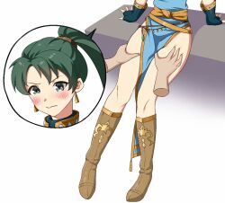 Rule 34 | 1boy, 1girl, blush, boots, closed mouth, disembodied hand, earrings, fire emblem, fire emblem: the blazing blade, fire emblem fates, green eyes, green hair, igni tion, jewelry, lyn (fire emblem), nintendo, ponytail, thigh focus, thigh grab