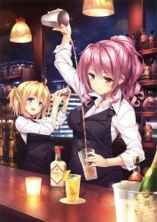 Rule 34 | 2girls, absurdres, ahoge, akizora momiji, alcohol, arms up, barista, black vest, blonde hair, blue eyes, blush, bottle, breasts, brown eyes, buttons, closed mouth, collared shirt, counter, countertop, cuff links, earrings, ears visible through hair, food, fruit, hair between eyes, highres, ice bucket, indoors, jewelry, large breasts, light, liquor, looking at viewer, multiple girls, night, non-web source, open mouth, original, pink hair, pouring, scan, shaker, shelf, shirt, sleeve cuffs, smile, vest, waitress, white shirt, window