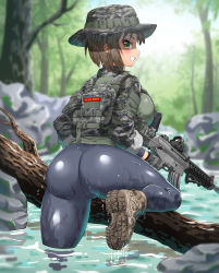 Rule 34 | 1girl, absurdres, ass, backpack, bag, bodysuit, boots, breasts, brown hair, diving suit, forest, gloves, green eyes, grin, gun, hat, highres, hitch (perotoss), holding, holding gun, holding weapon, large breasts, looking at viewer, looking back, marine corps, military, military uniform, nature, original, outdoors, republic of korea army, river, short hair, skin tight, smile, solo, standing, thick thighs, thighs, uniform, wading, water, weapon, wet, wet clothes, wetsuit