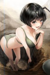 Rule 34 | 1girl, absurdres, antennae, arm support, bare arms, bare legs, barefoot, between breasts, bikini, black eyes, black hair, blush, bob cut, breasts, butt crack, cleavage, contrapposto, digging, full body, green bikini, unworn headwear, highres, hole, korean commentary, large breasts, leaning forward, leaning on object, lillly, open mouth, original, outdoors, revision, sharp teeth, short hair, shovel, smile, solo, standing, swimsuit, teeth