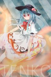 Rule 34 | 1girl, applemerry63, black hat, blue hair, bow, character name, dress, food, frilled shirt, frilled sleeves, frills, fruit, hat, highres, hinanawi tenshi, layered dress, legs, long hair, looking at viewer, peach, red bow, red eyes, scarlet weather rhapsody, shirt, short sleeves, simple background, solo, sword, sword of hisou, touhou, weapon