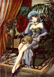 Rule 34 | 1girl, animal, animal on lap, bare shoulders, black eyes, blue hair, breasts, bridal gauntlets, cat, cat on lap, chair, circlet, cleavage, curtains, detached sleeves, diaho, dress, earrings, elbow gloves, flower, formal, gem, gloves, head rest, high heels, indoors, jewelry, lafiel, leaf, legs, long hair, medium breasts, necklace, off shoulder, on lap, parted bangs, pendant, plant, pointy ears, rose, rug, see-through, seikai no senki, shadow, shawl, shoes, sitting, sitting on lap, sitting on person, sleeping, smile, solo, strapless, strapless dress, tiara, vase