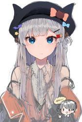 Rule 34 | 1boy, 1girl, bad id, bad twitter id, bare shoulders, black headwear, blue eyes, blush stickers, bow, chibi, chibi inset, closed mouth, collared shirt, eleanor (ikeuchi tanuma), grey hair, hair ornament, hairclip, hat, hat bow, highres, horns, ikeuchi tanuma, long hair, looking at viewer, off shoulder, orange bow, original, shirt, simple background, solo focus, unfinished, white background, wing collar
