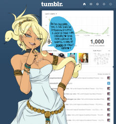 Rule 34 | 10s, 1girl, ari laharis, armlet, bare arms, bare shoulders, belt, blonde hair, bracelet, breasts, cameo, choker, cleavage, covered navel, cowboy shot, crybringer, demon mages, dress, earrings, english text, finger to mouth, fourth wall, grey eyes, hair ornament, hair over one eye, hair up, hand on own hip, heart, jewelry, kill la kill, large breasts, looking at viewer, lots of jewelry, mankanshoku mako, mole, ring, scar, snake hair, solo, spoken heart, squinting, strapless, strapless dress, tight clothes, tumblr