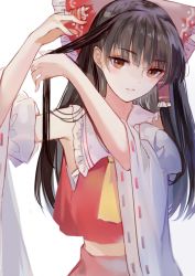 Rule 34 | 1girl, armpits, bad id, bad pixiv id, bare shoulders, blunt bangs, blush, bow, brown eyes, brown hair, detached sleeves, hair bow, hair ornament, hair tubes, hairdressing, hakurei reimu, holding, holding own hair, long hair, looking at viewer, midriff peek, ookamisama, parted lips, red bow, simple background, solo, touhou, white background, wide sleeves, yellow neckwear