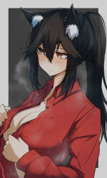 Rule 34 | 1girl, animal ear fluff, animal ears, arknights, black background, black hair, blush, breasts, cleavage, closed mouth, collared shirt, commentary, dress shirt, ear piercing, embarrassed, gin moku, grey background, hair between eyes, half updo, highres, large breasts, long hair, long sleeves, official alternate costume, orange eyes, piercing, ponytail, red shirt, shirt, sidelocks, simple background, solo, steaming body, sweat, sweatdrop, texas (arknights), texas (willpower) (arknights), two-tone background, unbuttoned, upper body, wing collar, wolf ears