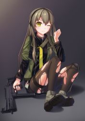 Rule 34 | 1girl, absurdres, black hairband, black ribbon, black shirt, black skirt, boots, brown eyes, brown hair, brown pantyhose, closed mouth, commentary, full body, girls&#039; frontline, green jacket, grey footwear, gun, h&amp;k ump, h&amp;k ump, hair between eyes, hair ribbon, hairband, hand up, highres, holding, holding gun, holding weapon, jacket, layered sleeves, long hair, long sleeves, looking at viewer, name connection, object namesake, one eye closed, open clothes, open jacket, pantyhose, ribbon, shadow, shirt, shoe soles, short over long sleeves, short sleeves, sitting, skirt, solo, star-shaped pupils, star (symbol), star in eye, stratosphere (coom1017), submachine gun, symbol-shaped pupils, symbol in eye, torn clothes, torn pantyhose, ump40 (girls&#039; frontline), v-shaped eyebrows, very long hair, weapon
