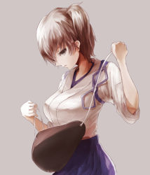 Rule 34 | 10s, 1girl, bad id, bad pixiv id, brown eyes, brown hair, highres, japanese clothes, kaga (kancolle), kantai collection, muneate, open mouth, satoru f, short hair, side ponytail, simple background, solo