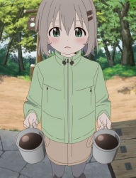 Rule 34 | 10s, 1girl, anime screenshot, blush, brown hair, coffee, cup, dot nose, green eyes, grey hair, hair ornament, hairclip, highres, holding, holding cup, open mouth, outdoors, screencap, short hair, solo, standing, stitched, third-party edit, tree, yama no susume, yukimura aoi