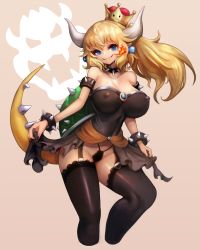 Rule 34 | 1girl, bare shoulders, black dress, black thighhighs, blonde hair, blue eyes, blush, bowser logo, bowsette, bracelet, breasts, breath weapon, breathing fire, cleavage, clothes lift, collar, covered erect nipples, crown, dress, earrings, fire, garter straps, highres, horns, jewelry, large breasts, lifting own clothes, mario (series), nail polish, new super mario bros. u deluxe, nintendo, open mouth, pointy ears, sharp teeth, simple background, solo, spiked bracelet, spiked collar, spikes, super crown, teeth, thighhighs, underwear