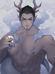 Rule 34 | 1boy, abs, animal ears, antlers, bara, black hair, chinese zodiac, dragon boy, dragon ears, dragon horns, dragon tail, facial hair, frown, goatee, holding, horns, kiryu kazuma, large pectorals, long sideburns, looking at viewer, male focus, mature male, monster boy, monsterification, muscular, muscular male, nipples, nude, pectorals, pointy ears, rani ki, red eyes, ryuu ga gotoku (series), scales, short hair, sideburns, sideburns stubble, smoke manipulation, solo, stubble, tail, thick eyebrows, tsurime, upper body, year of the dragon