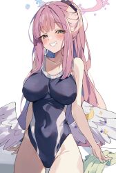Rule 34 | 1girl, arms at sides, black one-piece swimsuit, blue archive, blush, breasts, clenched teeth, colored eyelashes, competition swimsuit, grin, half-closed eyes, halo, highres, large breasts, long hair, looking at viewer, low wings, mika (blue archive), one-piece swimsuit, pink hair, pink halo, ponytail, simple background, smile, solo, swimsuit, teeth, thighs, unacchi (nyusankin), white background, white wings, wings, yellow eyes