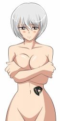 Rule 34 | 1girl, asaishi, blush, breasts, brown eyes, covering privates, covering breasts, embarrassed, fairy tail, large breasts, navel, nude, short hair, silver hair, solo, yukino aguria