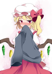 Rule 34 | 1girl, bad id, bad pixiv id, blonde hair, blush, commentary request, covering own mouth, dress shirt, flandre scarlet, hair ribbon, hammer (sunset beach), hat, long hair, puffy sleeves, red eyes, ribbon, shirt, side ponytail, skirt, skirt set, smelling, smelling clothes, solo, touhou, white background, wings