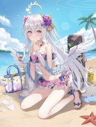 Rule 34 | 1girl, absurdres, azusa (blue archive), azusa (swimsuit) (blue archive), bag, bare shoulders, bikini, bikini skirt, blue archive, flower, frilled bikini, frills, hair flower, hair ornament, halo, hand up, handbag, highres, hokori sakuni, jewelry, long hair, looking at viewer, midriff, navel, necklace, pink eyes, sandals, see-through, see-through sleeves, solo, swimsuit, thighs, two side up, very long hair, white hair