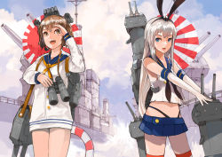 Rule 34 | 10s, 2girls, alchemaniac, antennae, blue skirt, cannon, destroyer, dress, elbow gloves, gloves, harbor, highres, historical name connection, kantai collection, long hair, looking at viewer, machinery, military, military vehicle, miniskirt, multiple girls, name connection, object namesake, outdoors, pleated skirt, pole, rensouhou-chan, rising sun flag, robot, sailor dress, school uniform, serafuku, shimakaze (kancolle), ship, skirt, standing, sunburst, thighhighs, thong, turret, vehicle, very long hair, warship, watercraft, yukikaze (kancolle)