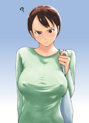 Rule 34 | &gt;:|, 10s, 1girl, :|, ?, arm at side, bag, blue background, breasts, brown eyes, brown hair, closed mouth, covered erect nipples, frown, gradient background, handbag, hisone to masotan, hoshino eri, large breasts, looking at viewer, osuzu akiomi, short hair, simple background, solo, upper body, v-shaped eyebrows