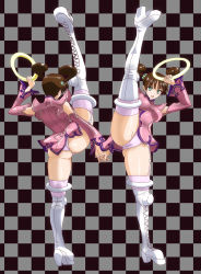 Rule 34 | 1girl, ass, brown hair, capcom, chakram, checkered background, detached sleeves, dual persona, flexible, green eyes, highres, june lin milliam, kicking, leg up, panties, standing, standing on one leg, star gladiator, tanaka hitoriaruki, thighhighs, underwear, weapon