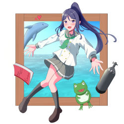 Rule 34 | 1girl, absurdres, artist name, artist request, bare legs, black legwear, blue hair, blush, book, breasts, buttons, collarbone, dolphin shorts, drawing (object), female focus, floating hair, frog, green neckerchief, green necktie, grey sailor collar, grey skirt, hair between eyes, heart, heart print, high ponytail, highres, hug, layered skirt, long hair, long sleeves, looking at viewer, love live!, love live! sunshine!!, matsuura kanan, miniskirt, neckerchief, necktie, outstretched arms, parted lips, plaid, plaid skirt, pleated, pleated skirt, ponytail, purple eyes, sailor collar, school uniform, shirt, shoes, shorts, skirt, small breasts, smile, solo, spread arms, stuffed animal, stuffed frog, stuffed toy, tie clip, uranohoshi school uniform, wavy hair, white shirt