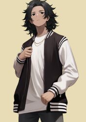 Rule 34 | 1boy, artist self-insert, black hair, clenched hand, closed mouth, highres, jacket, jewelry, long sleeves, looking at viewer, medium hair, mikoscrub, necklace, open clothes, open jacket, original, pants, shirt, simple background, solo, standing, white shirt