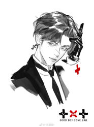 Rule 34 | 1boy, chinese commentary, choi yeonjun, closed mouth, collared shirt, commentary request, cross, cross necklace, cross print, disembodied limb, english text, eyelashes, formal, gloves, greyscale, hand on own head, highres, jacket, jewelry, k-pop, leather, leather gloves, light smile, long sleeves, looking at viewer, male focus, mole, mole under eye, monochrome, necklace, necktie, open clothes, open jacket, parted bangs, real life, realistic, red cross, scar, scar on face, scar on nose, shirt, short hair, simple background, solo, spot color, suit, thick eyebrows, tomorrow x together, upper body, very short hair, watermark, weibo logo, weibo username, white background, zhehua huan jiu