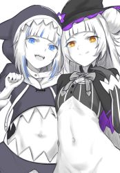 2girls, animal hood, artist request, bangs, black gloves, blue eyes, blunt bangs, bright pupils, brown eyes, capelet, double bun, flat chest, gawr gura, gloves, hand on own chest, hand up, hat, highres, hololive, hololive english, hood, licking lips, looking at viewer, midriff, monochrome, multicolored hair, multiple girls, multiple monochrome, murasaki shion, navel, no panties, no pants, no shirt, open mouth, pinstripe pattern, shark hood, sharp teeth, side-by-side, sidelocks, simple background, sketch, slit pupils, smirk, smug, spot color, stomach, streaked hair, striped, teeth, tongue, tongue out, trait connection, white background, white hair, white pupils, witch, witch hat