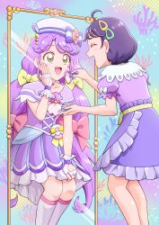 2girls absurdres ahoge blush bow brooch cake closed_eyes clothing_cutout cure_coral dress earrings fingerless_gloves food gloves hair_bow hat heart_cutout highres holding holding_food jewelry long_hair magical_girl medium_hair mirror multiple_girls open_mouth orange_eyes precure puffy_short_sleeves puffy_sleeves purple_dress purple_hair purple_shirt purple_skirt raina_(14758801) red_bow sailor_hat shell_brooch shirt short_sleeves skirt smile socks suzumura_sango tropical-rouge!_precure very_long_hair white_gloves white_hat white_socks yellow_bow