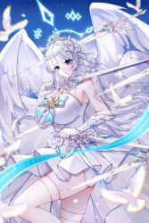 1girl absurdres azur_lane bare_shoulders bird blue_eyes blue_gemstone breasts bridal_veil chinese_commentary chromatic_aberration commentary_request cowboy_shot dove dress dress_flower dual_wielding flight_deck flower gem gloves highres holding holding_sword holding_weapon huge_breasts illustrious_(azur_lane) long_hair rose single_glove sleeveless sleeveless_dress solo sword thighhighs tiara veil very_long_hair weapon white_dress white_flower white_gloves white_hair white_rose white_theme white_thighhighs white_wings wings xiaoli_(1507) zettai_ryouiki