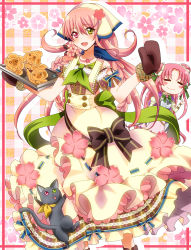 Rule 34 | 2girls, alternate costume, black bow, bonnet, bow, cat, cherry blossoms, cookie, double bun, dress bow, closed eyes, flower, flower knight girl, food, frills, green bow, green eyes, hair flower, hair ornament, heterochromia, highres, long hair, looking at viewer, masako (sabotage-mode), multiple girls, oven mitts, pink hair, plaid, plaid background, red eyes, sakura (flower knight girl), smile, tray, ume (flower knight girl)