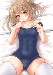 Rule 34 | 1girl, absurdres, blue one-piece swimsuit, breasts, brown eyes, cowboy shot, double bun, hair bun, highres, kantai collection, light brown hair, looking at viewer, lying, makura (y makura), michishio (kancolle), one-piece swimsuit, pillow, school swimsuit, short twintails, small breasts, solo, swimsuit, thighhighs, twintails, white thighhighs