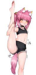 Rule 34 | 1boy, animal ears, bad id, bad pixiv id, bare arms, bare legs, black shorts, blush, dokomon, fang, heart, heart-shaped pupils, highres, male focus, midriff, navel, open mouth, original, pink hair, short shorts, shorts, side ponytail, simple background, solo, split, standing, standing on one leg, standing split, sweat, symbol-shaped pupils, tail, tank top, trap, trembling, white background, yellow eyes