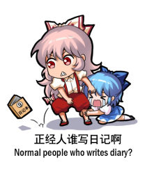 Rule 34 | &gt; &lt;, 2girls, bilingual, blue bow, blue dress, blue hair, bow, chinese text, cirno, clenched teeth, collared shirt, crying, detached wings, dress, english text, engrish text, fairy, fujiwara no mokou, hair between eyes, hair bow, ice, ice wings, jokanhiyou, long hair, mixed-language text, multiple girls, open mouth, pants, puffy short sleeves, puffy sleeves, ranguage, red eyes, red pants, shirt, short hair, short sleeves, simple background, simplified chinese text, suspenders, teeth, touhou, white background, white bow, white hair, white shirt, wings