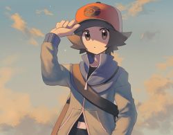 Rule 34 | 1boy, belt, belt buckle, black belt, black shirt, blue jacket, brown eyes, brown hair, buckle, closed mouth, cloud, commentary, creatures (company), day, game freak, hand on headwear, hand up, hat, hilbert (pokemon), jacket, long sleeves, looking at viewer, male focus, nintendo, outdoors, poke ball print, pokemon, pokemon bw, red hat, shibano 1103, shirt, short hair, sky, solo, strap, zipper pull tab
