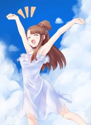 Rule 34 | 1girl, \o/, absurdres, armpits, arms up, brown hair, commentary request, day, dress, highres, kagari atsuko, little witch academia, long hair, orinpachu, outstretched arms, ponytail, see-through, sky, solo, sundress, white dress