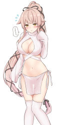 Rule 34 | 1girl, cleavage cutout, clothing cutout, evolved virgin killer sweater, hair flaps, hair ribbon, highres, kantai collection, loincloth, long hair, long sleeves, meme attire, nanashiki fuuka, over-kneehighs, pink hair, ponytail, ribbon, sleeves past fingers, sleeves past wrists, solo, standing, sweater, thighhighs, very long hair, white thighhighs, yellow eyes, yura (kancolle)