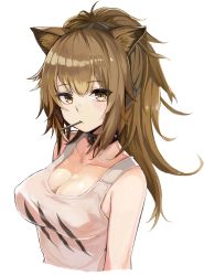 Rule 34 | 1girl, animal ears, arknights, bare shoulders, black choker, breasts, brown hair, choker, cleavage, collarbone, cropped torso, covered erect nipples, expressionless, highres, idashige (walkietalkie), lion ears, long hair, looking at viewer, medium breasts, mouth hold, no bra, no jacket, ponytail, shirt, siege (arknights), simple background, sleeveless, sleeveless shirt, solo, tank top, white background, white shirt, yellow eyes