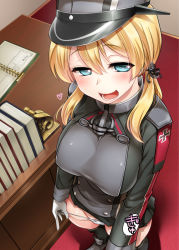 Rule 34 | 10s, 1girl, anchor hair ornament, aqua eyes, blonde hair, blue eyes, breasts, hair ornament, hat, heart, hijiri tsukasa, kantai collection, large breasts, long hair, looking at viewer, low twintails, naughty face, panties, panty pull, prinz eugen (kancolle), skirt, smile, solo, thighhighs, translated, twintails, underwear, white panties