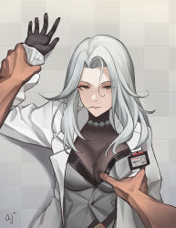Rule 34 | 1girl, ark john up, bead necklace, beads, black bodysuit, black gloves, bodysuit, grabbing another&#039;s breast, expressionless, girls&#039; frontline, gloves, grabbing, grey hair, holding another&#039;s wrist, jewelry, lab coat, lady grey (girls&#039; frontline), long hair, looking at viewer, name tag, necklace, parted bangs, pov, tile wall, tiles, yellow eyes