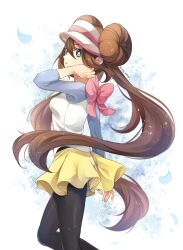 Rule 34 | 1girl, blue eyes, bow, breasts, bright pupils, brown hair, closed mouth, commentary request, creatures (company), double bun, doughnut hair bun, falling petals, from side, game freak, green eyes, hair bun, hand up, hat, highres, long hair, looking at viewer, medium breasts, nintendo, pantyhose, pantyhose under shorts, petals, pink bow, pokemon, pokemon bw2, raglan sleeves, rosa (pokemon), short shorts, shorts, skirt, sleeves past elbows, solo, twintails, very long hair, visor cap, white pupils, yellow shorts, yomogi (black-elf)