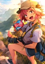 Rule 34 | 1boy, :d, astolfo (fate), backpack, bag, braid, camera, commentary, english commentary, fang, fate/apocrypha, fate (series), hat, highres, hiking, holding, holding camera, khyle., long braid, long hair, looking at viewer, male focus, menstrual pad, monster energy, open mouth, outdoors, pink hair, purple eyes, shoes, short shorts, shorts, single braid, skin fang, smile, sneakers, solo, trap
