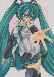 Rule 34 | 1girl, aqua eyes, aqua hair, bare shoulders, black thighhighs, border, detached sleeves, hatsune miku, headset, long hair, necktie, pink background, simple background, skirt, smile, solo, tattoo, thighhighs, twintails, vocaloid, white border, yutakasan-love
