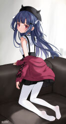 Rule 34 | 1girl, black skirt, blue hair, cardigan, clothes down, couch, eluthel, expressionless, frilled shirt collar, frills, full body, hair ornament, hairclip, hat, highres, idolmaster, idolmaster cinderella girls, kneeling, long hair, looking at viewer, looking back, pantyhose, parted lips, red eyes, sajo yukimi, shirt, skirt, solo, suspender skirt, suspenders, white pantyhose, white shirt