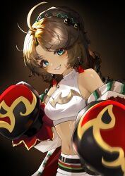 Rule 34 | 1girl, absurdres, ahoge, bare shoulders, blue eyes, boxing gloves, braid, breasts, brown hair, coat, cropped shirt, dark background, gloves, grin, hair ornament, highres, kekeluoluo, long hair, looking at viewer, medium breasts, navel, off shoulder, red gloves, reverse:1999, shirt, shorts, sleeveless, sleeveless shirt, smile, solo, sparkle, spathodea (reverse:1999), stomach, teeth, twin braids, upper body, white coat, white shirt, white shorts